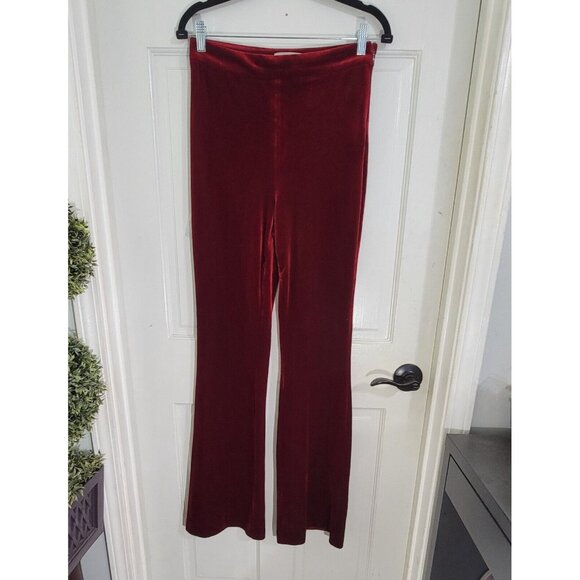 House Of London Women's Red Velvet Flared Leg Pants Side Zip Flat Front Size M - Picture 3 of 8